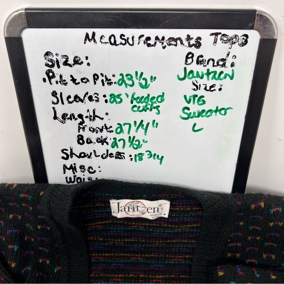 Vintage Jantzen Retro Ditsy Black Print V Neck Cardigan Sweater Size L USA Made - Picture 6 of 12